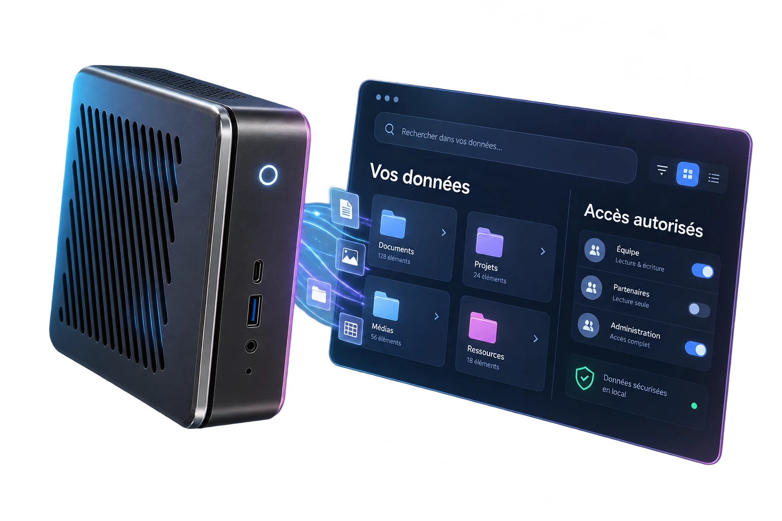 Concept de données maîtrisées : équipement informatique compact et interface de recherche documentaire avec gestion des autorisations.