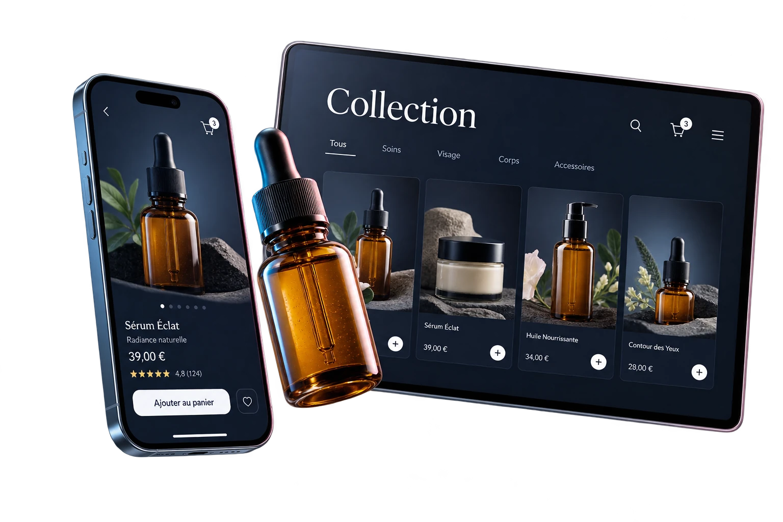 Concept de boutique en ligne sur un smartphone en suspension, accompagné d’une fiche produit et d’un flacon de cosmétique.