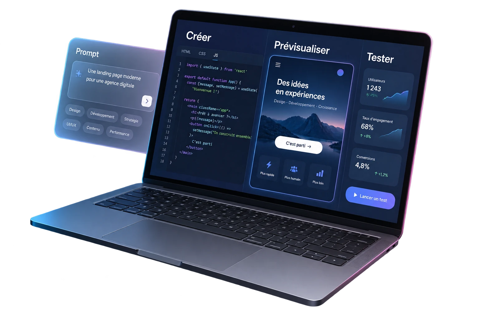 Concept illustratif : code, aperçu d’application et test sur un ordinateur en suspension