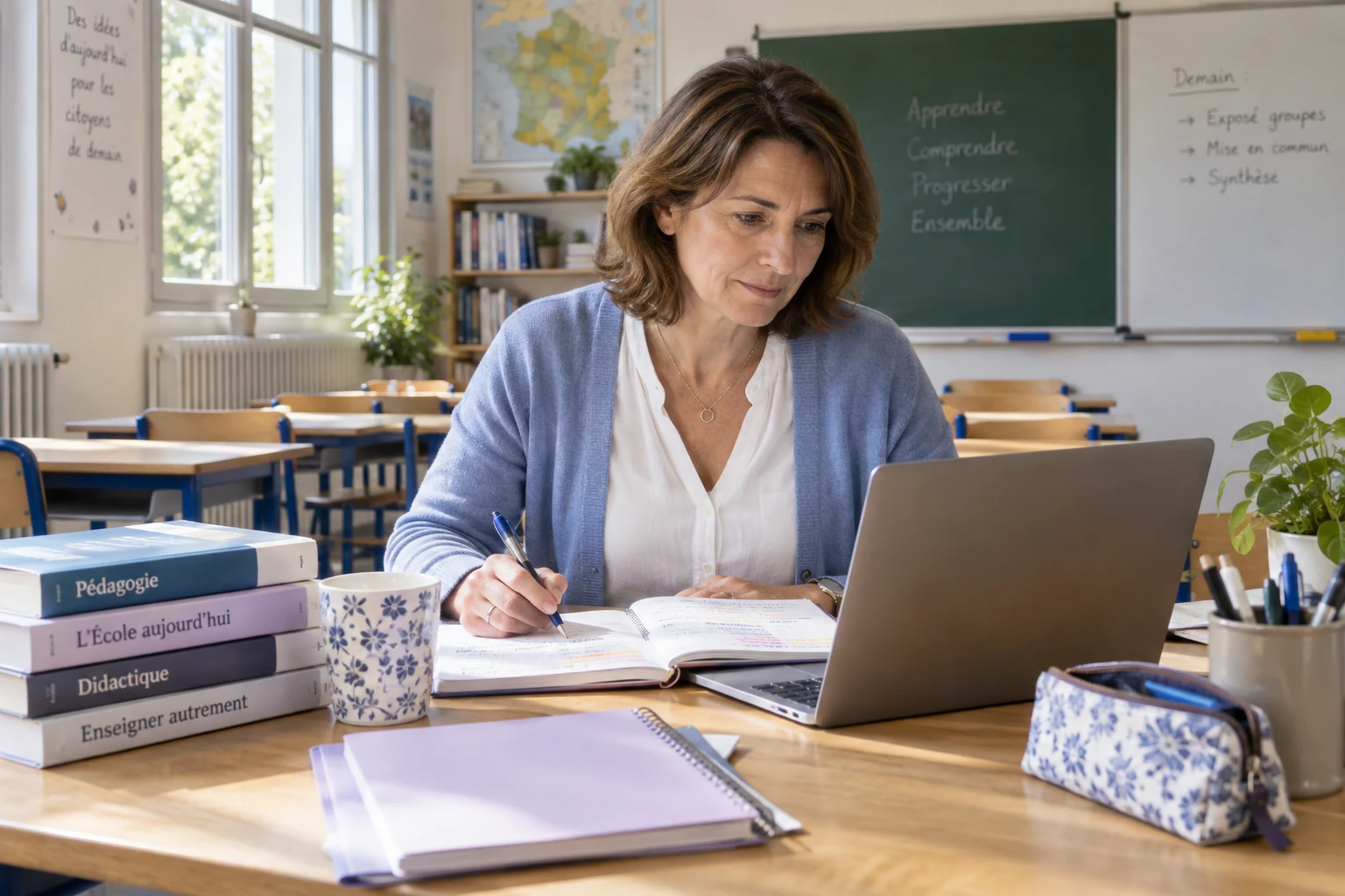 Illustration : une enseignante prépare sa séquence pédagogique