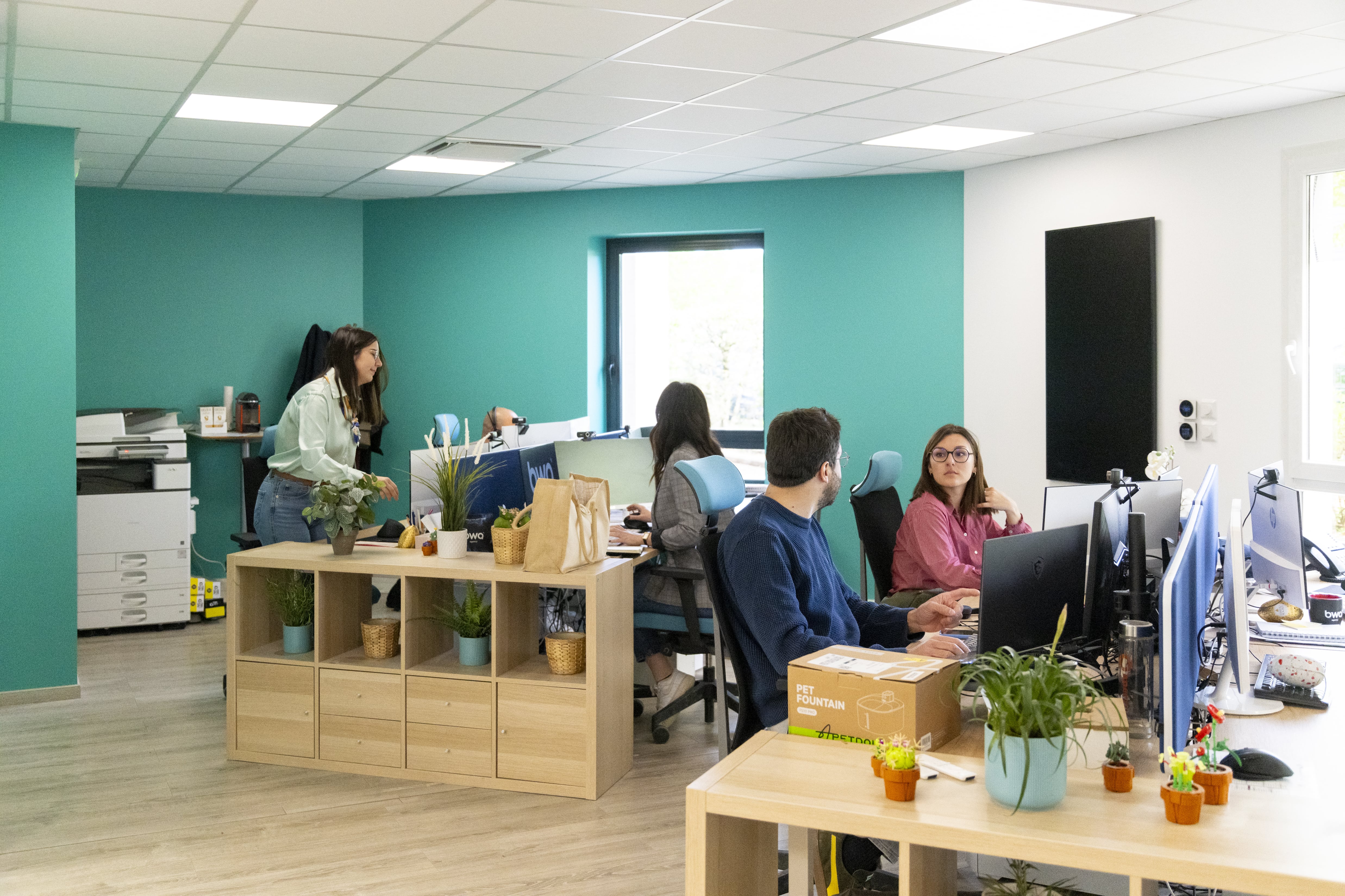 Bureau moderne avec plusieurs employés travaillant sur des ordinateurs, décoré avec des plantes et des meubles en bois clair, ambiance de travail collaborative.
