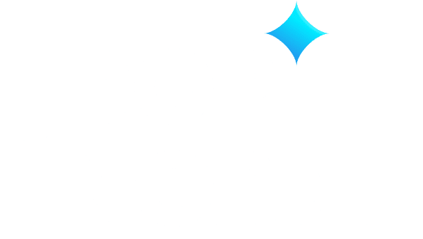 Logo de la marque Trop Enorme avec un symbole brillant bleu au-dessus du texte blanc sur fond transparent